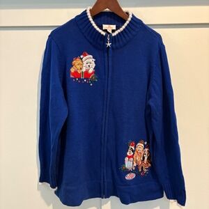 Blue Christmas Dog Embroidered Zipper Cardigan Sweater XL Ugly‎ Sweater Party